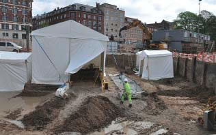 Archeological site investigations ongoing in the historical city center of Copenhagen